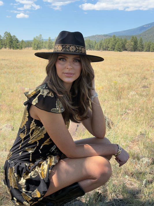 Piper Black Flower Ribbon Fedora Hat