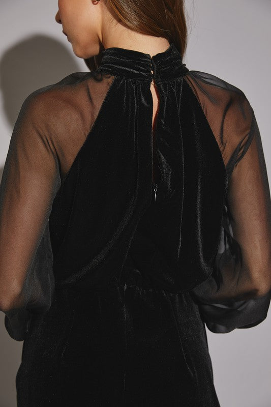 Vivianne Black Velvet Sheer Sleeve Romper