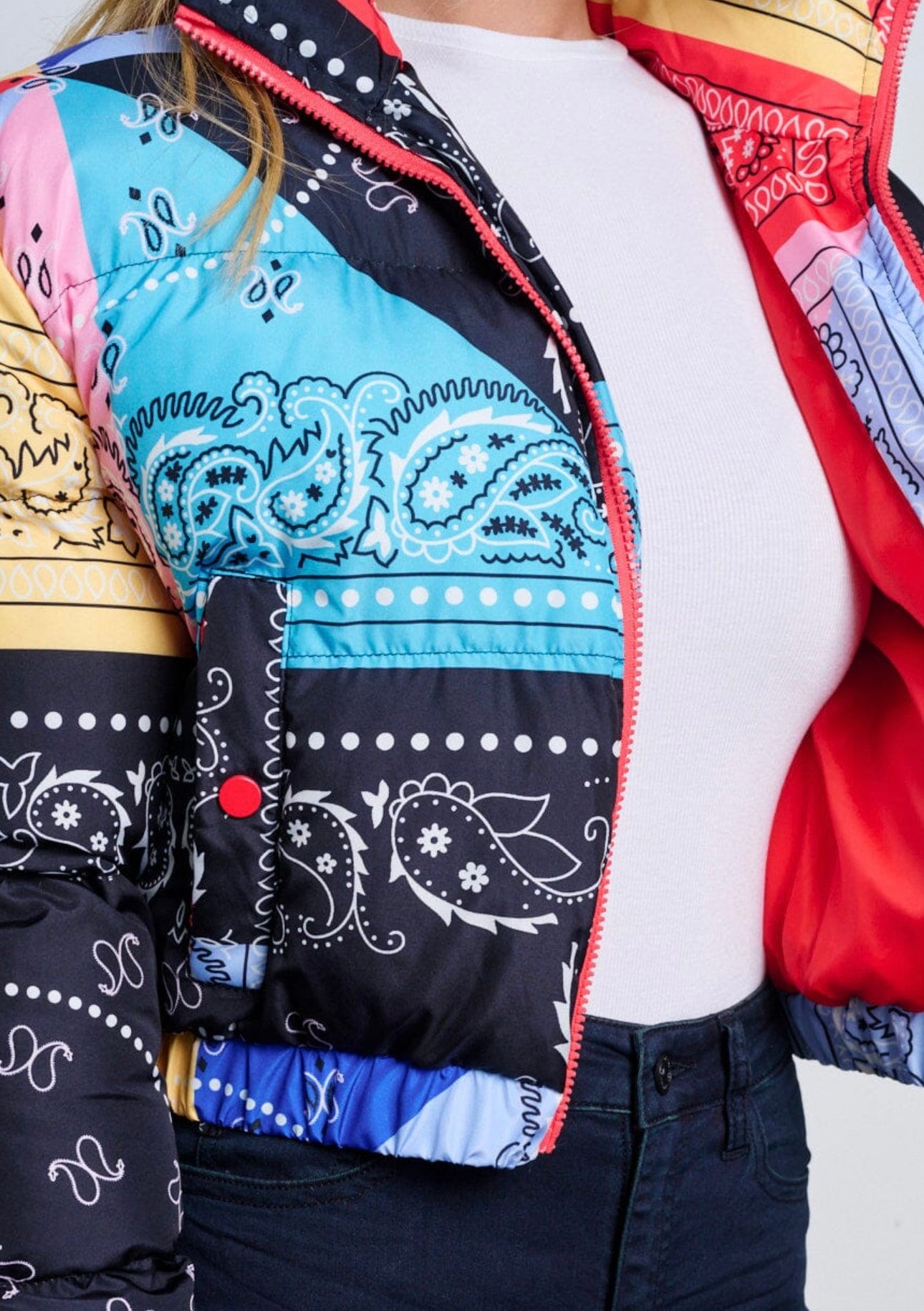 Adrienne Multi-Colored Paisley Bandana Puffer Jacket