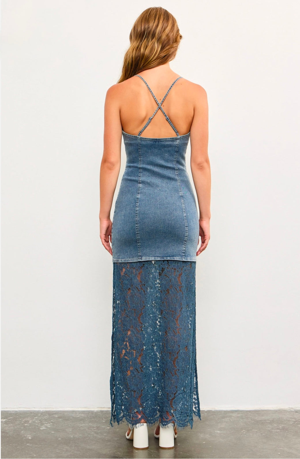 Harper Denim Corset Lace Hem Maxi Dress