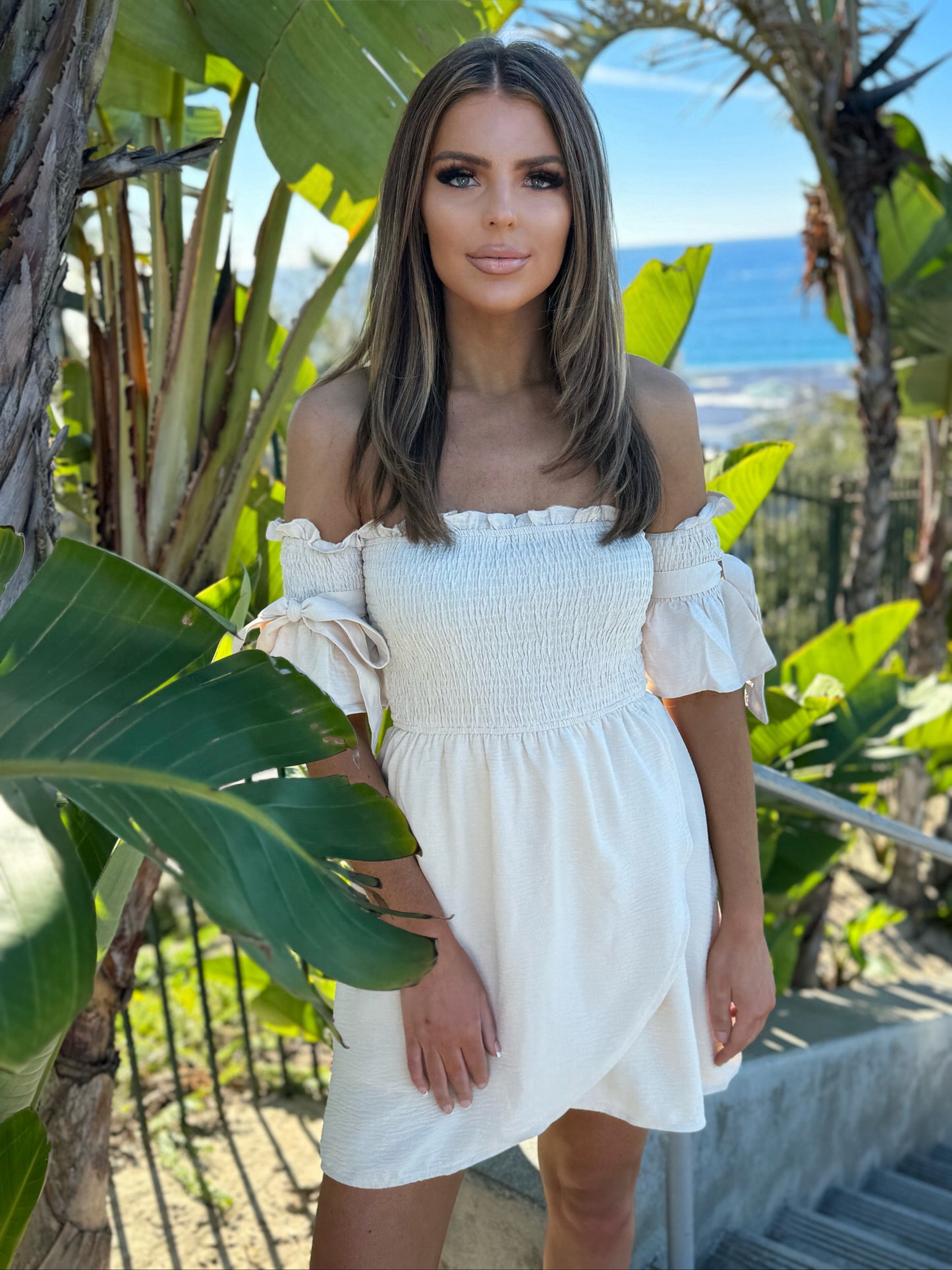 Samantha Cream Off Shoulder Smocked Mini Dress