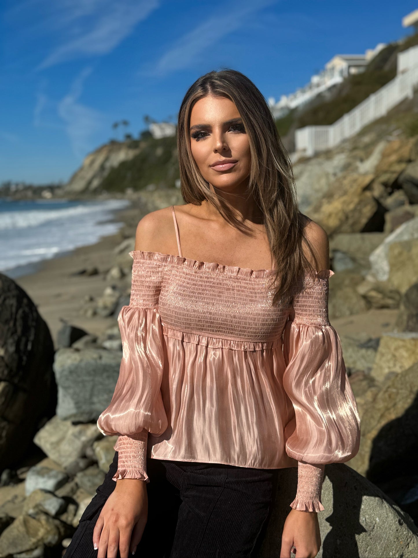 Octavia Off Shoulder Peach Smocked Top