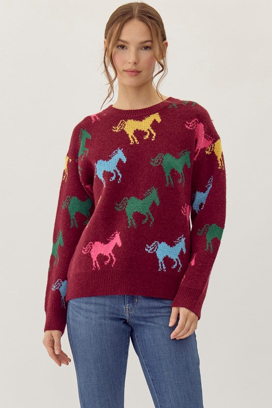 Delilah Burgundy Horse Graphic Sweater