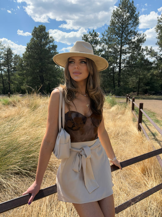 Tina Taupe Belted Flare Mini Skirt