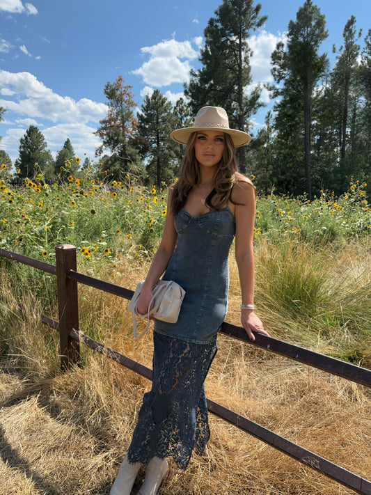 Harper Denim Corset Lace Hem Maxi Dress