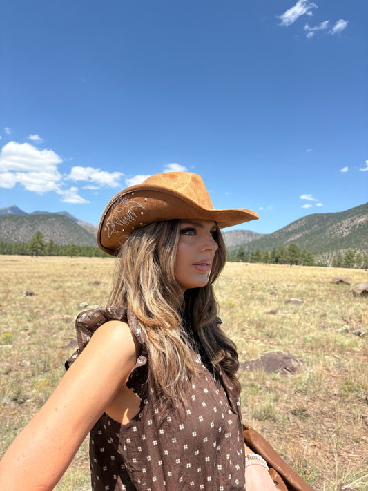 Ella Brown Studded Strap Rhinestone Detail Cowboy Hat