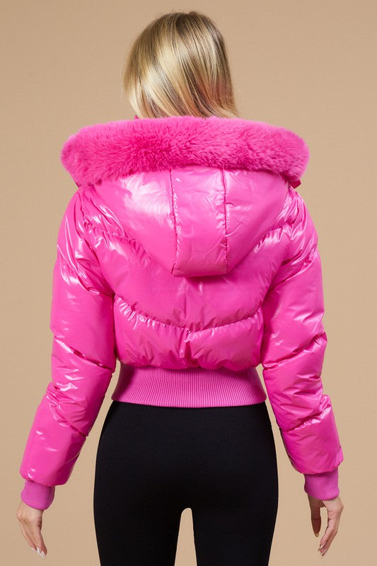 Regina Pink Faux Fur Trim Shiny Puffer Jacket