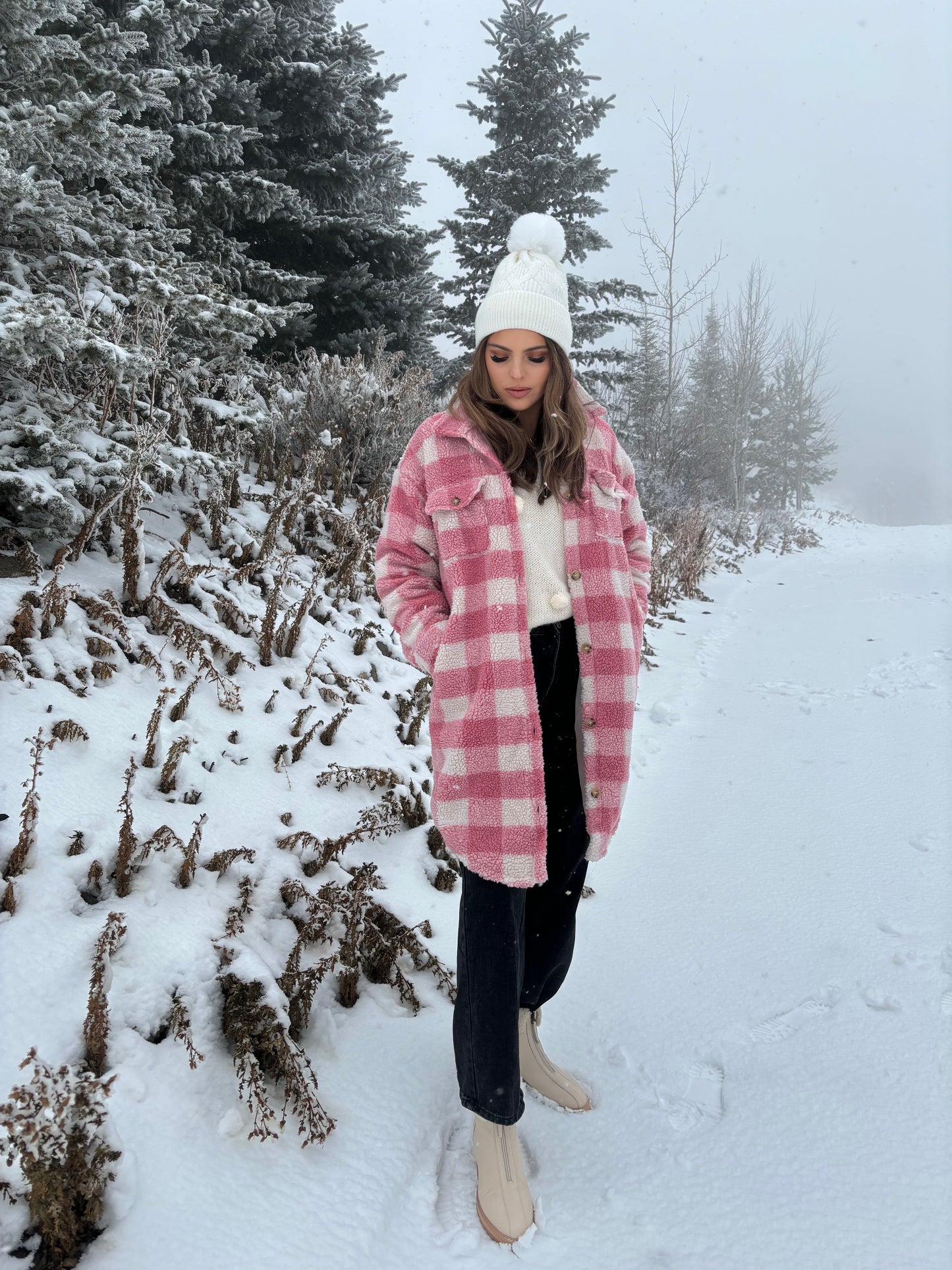 Candy Cream and Pink Buffalo Plaid Sherpa Shacket