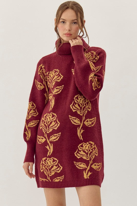 Josephine Burgundy and Gold Floral Sweater Dress