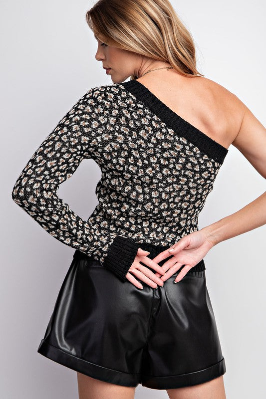 Lucy Black Leopard One Shoulder Cropped Sweater