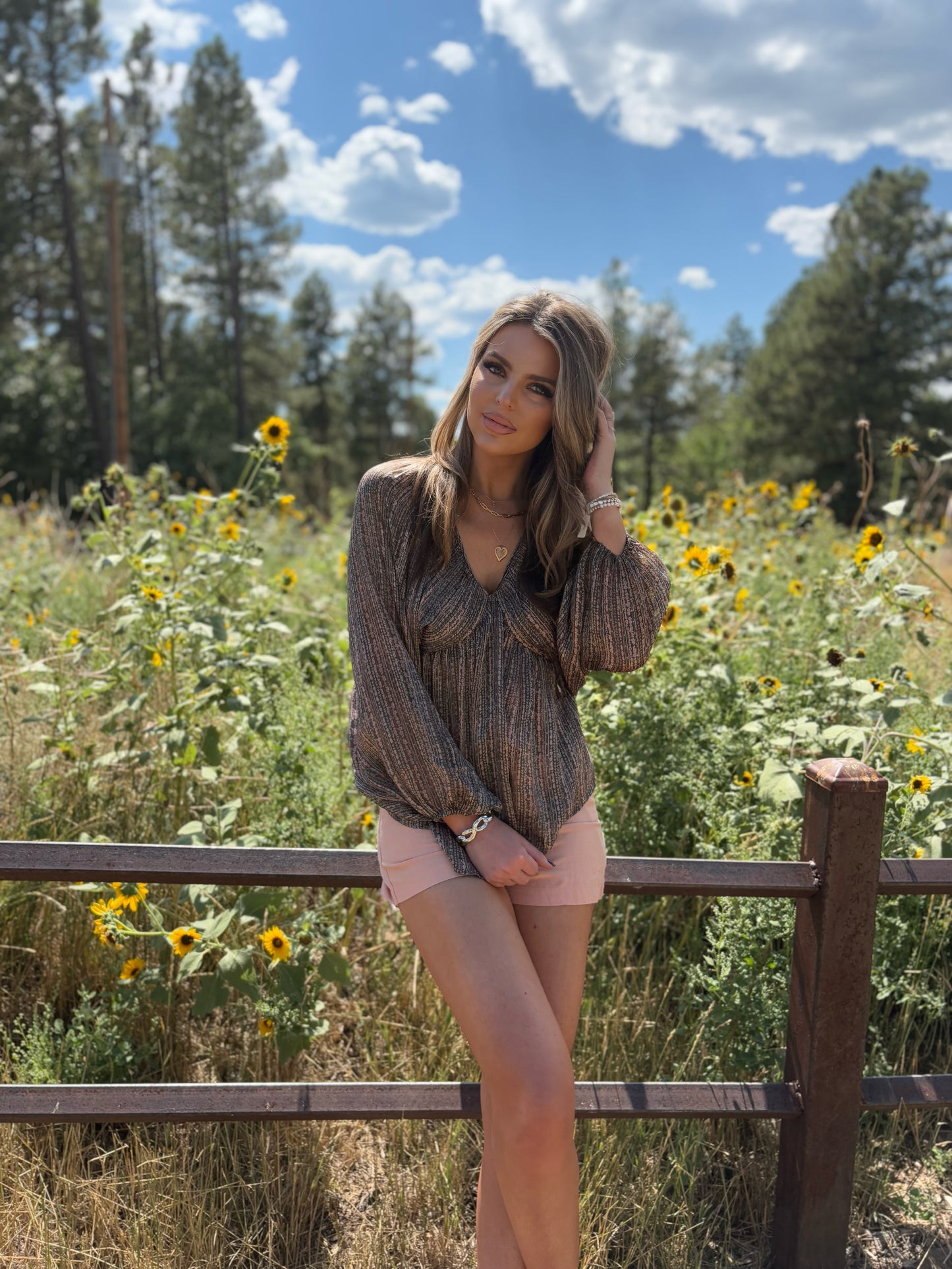 Cora Green and Pink V-Neck Long Sleeve Blouse