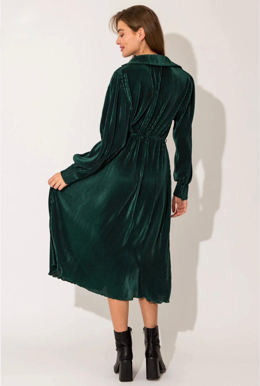 Noelle Emerald Green Long Sleeve Pleated Belted Mini Dress