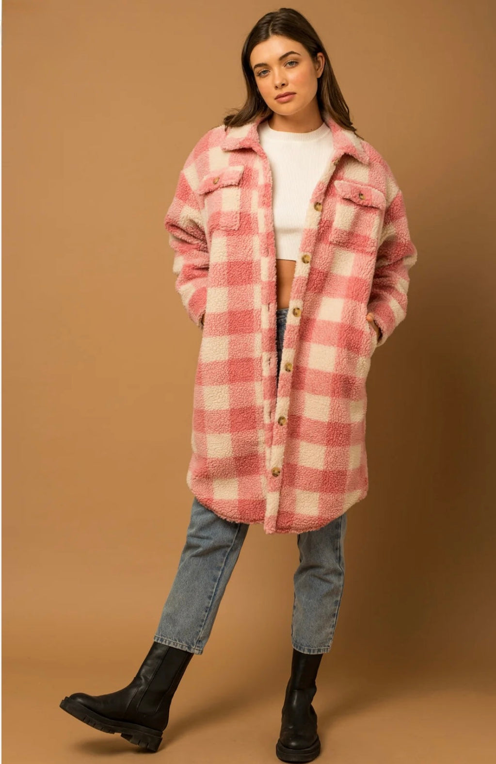 Candy Cream and Pink Buffalo Plaid Sherpa Shacket