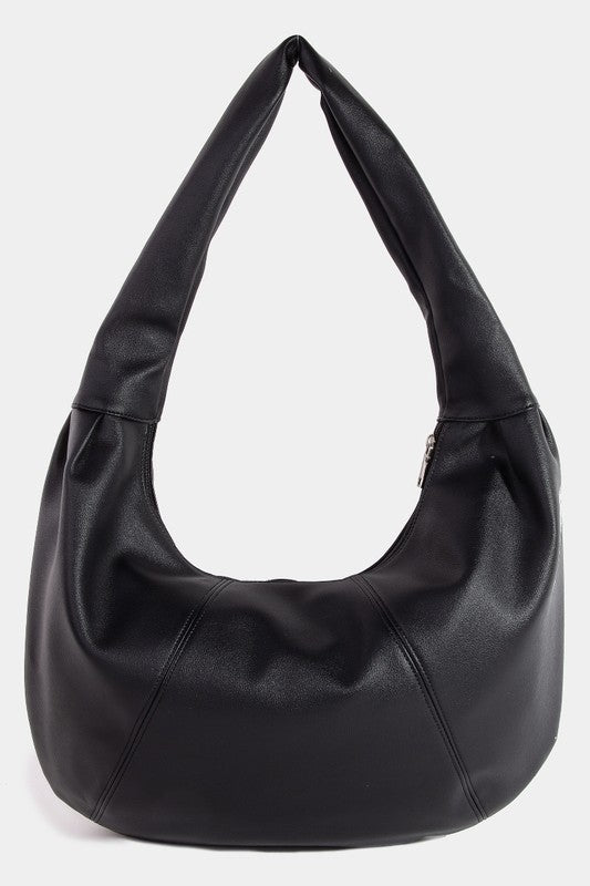 Brooke Black Panel Stitch Faux Leather Crescent Boho Shoulder Bag