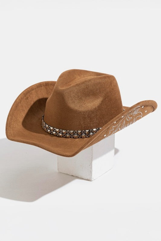 Ella Brown Studded Strap Rhinestone Detail Cowboy Hat