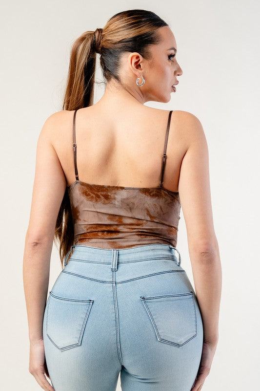 Aylani Brown Tie Dye Bustier Style Mesh Bodysuit