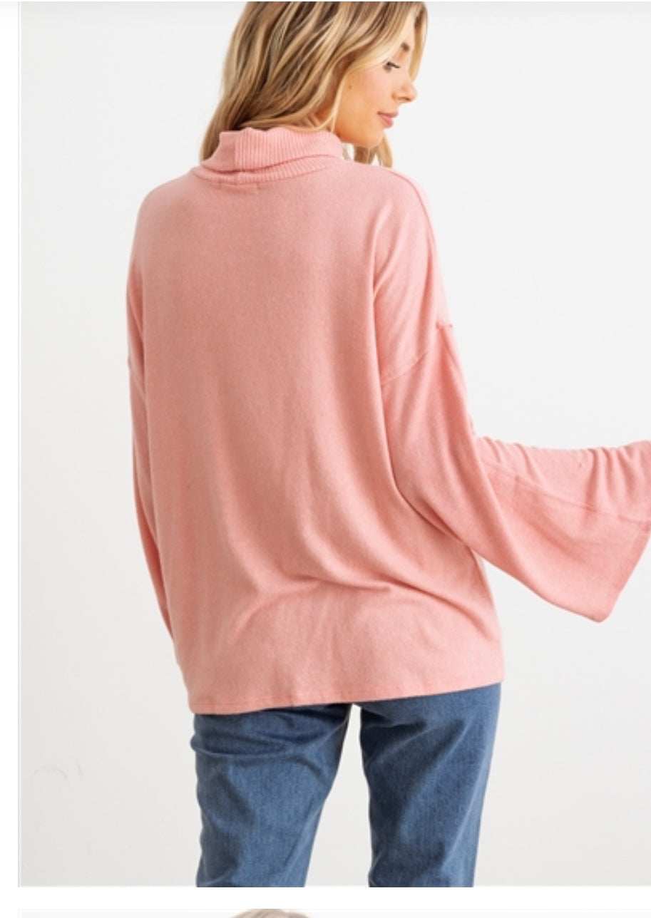 Bella Pink Wide Sleeve Womens Turtleneck