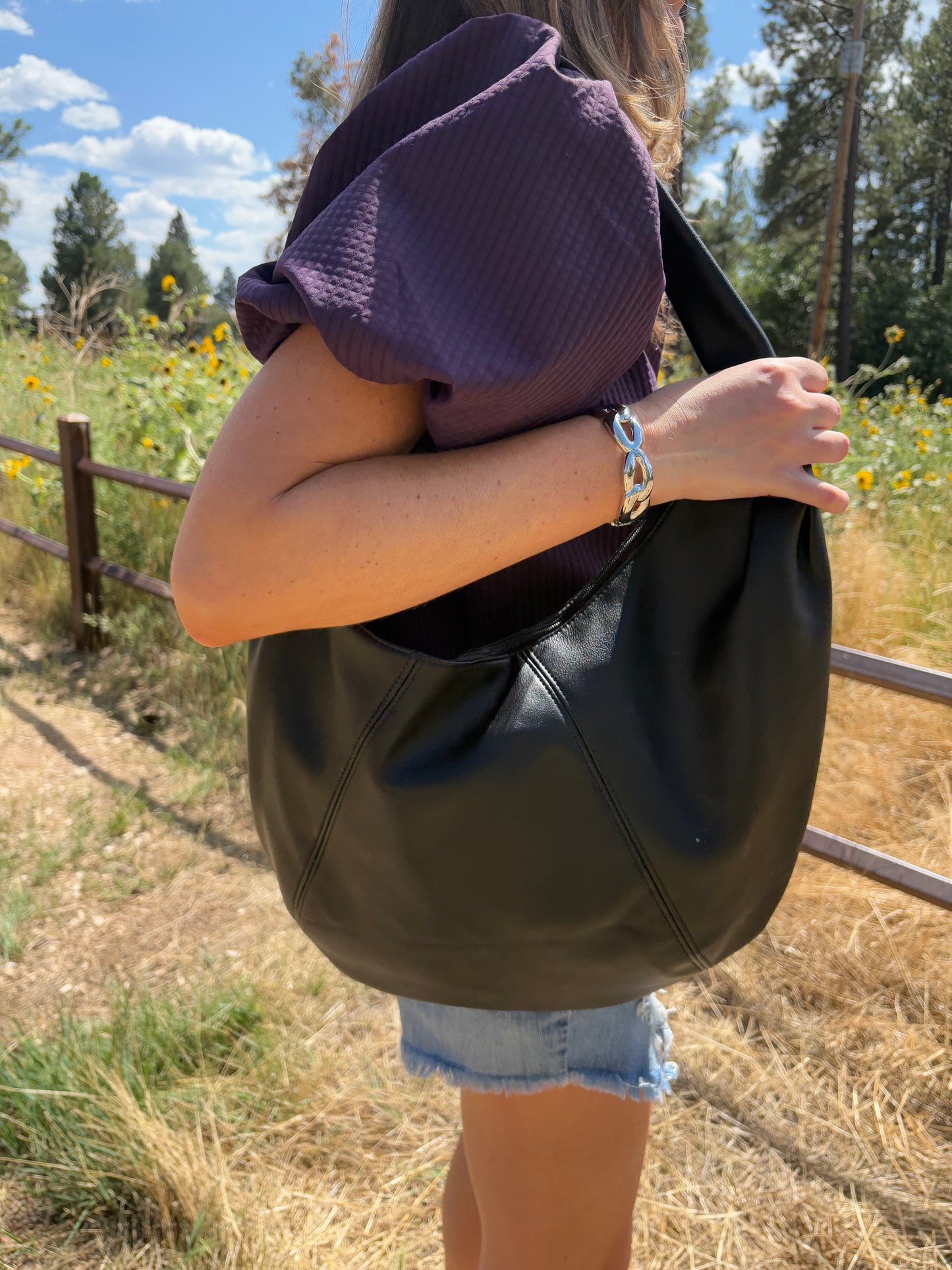 Brooke Black Panel Stitch Faux Leather Crescent Boho Shoulder Bag