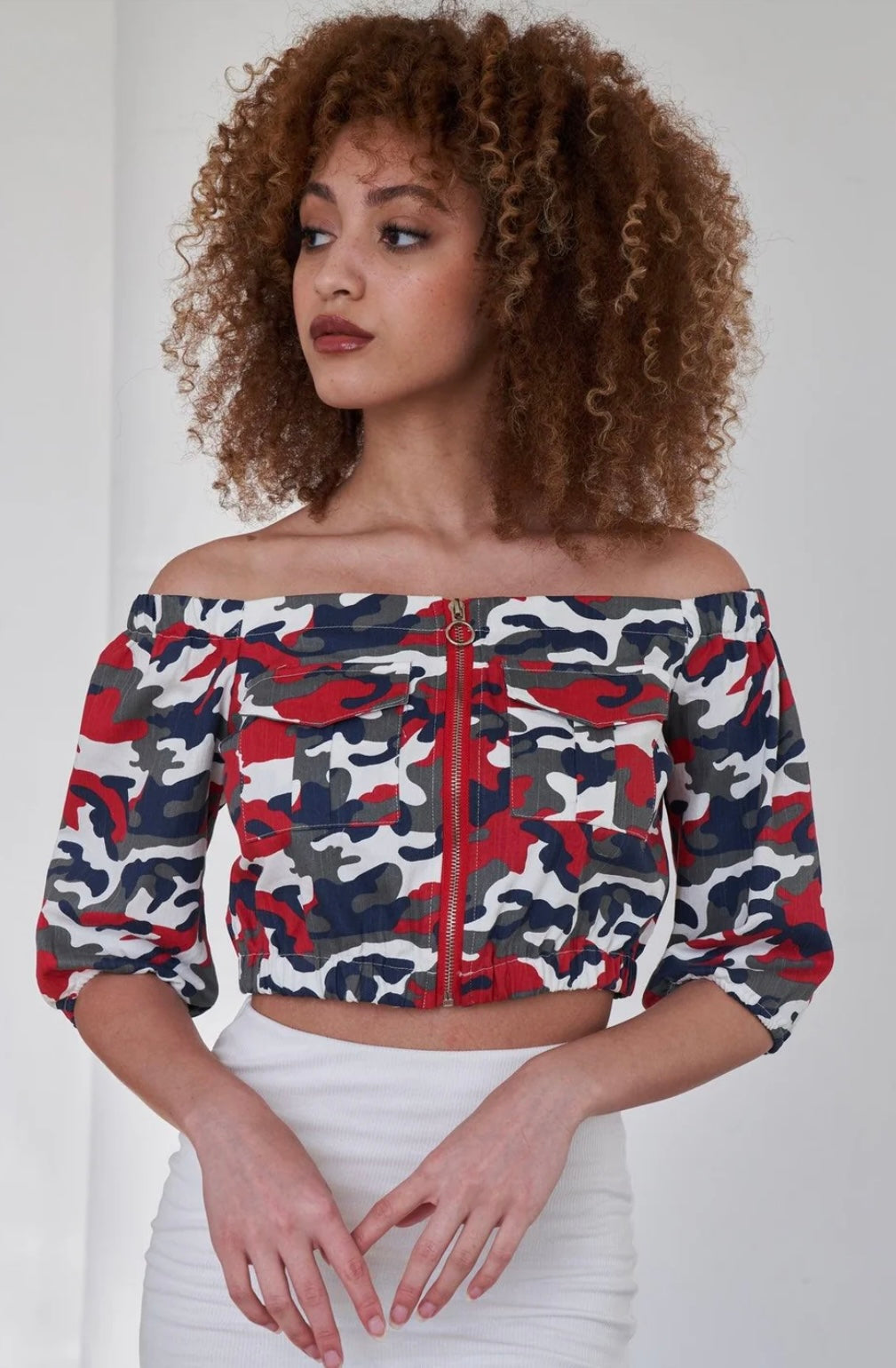 Rudy Red Camouflage Off the Shoulder Crop Top