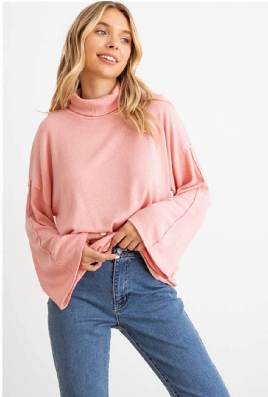 Bella Pink Wide Sleeve Womens Turtleneck