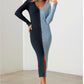 Brooke Ribbed Two Tone Button Down V-Neck Knit Maxi Dress