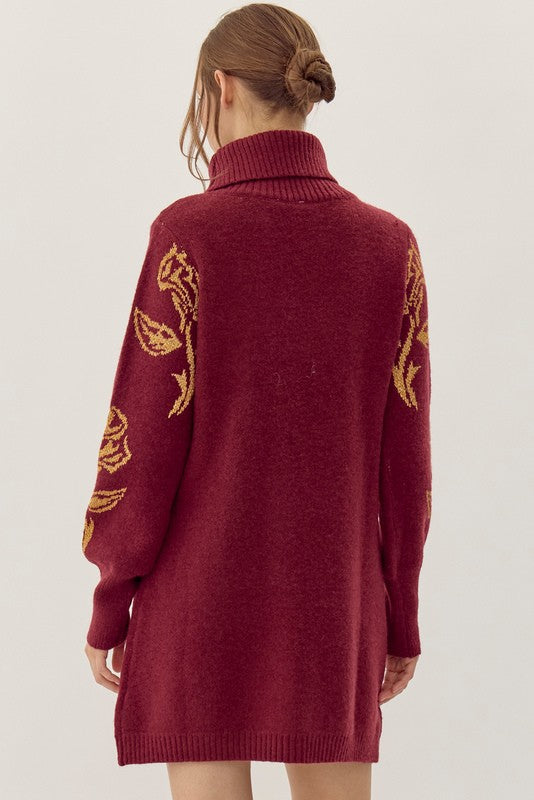 Josephine Burgundy and Gold Floral Sweater Dress