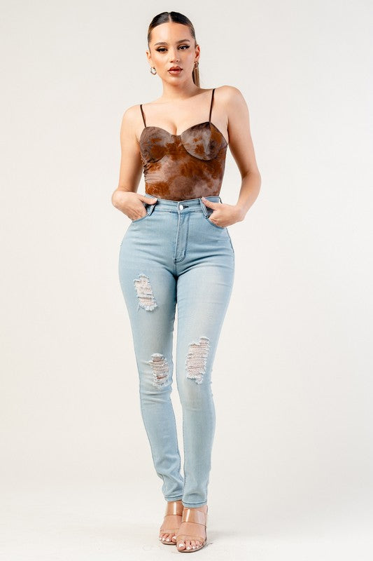 Aylani Brown Tie Dye Bustier Style Mesh Bodysuit