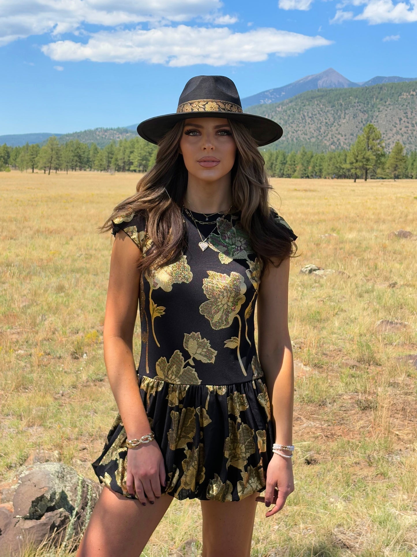 Quinn Gold and Black Floral Bubble Hem Dress