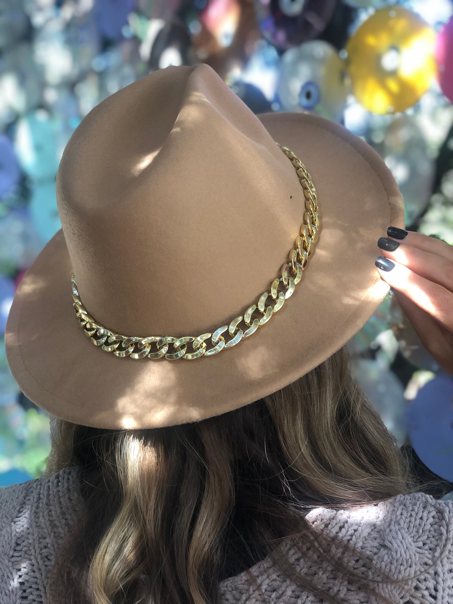 Chloe Camel Gold Chain Detail Womens Hat