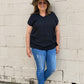 V-neck black tiered  side blouse short sleeve