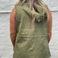 Army green cargo style vest with snap closure and tie waist