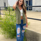 Army green cargo style vest with snap closure and tie waist