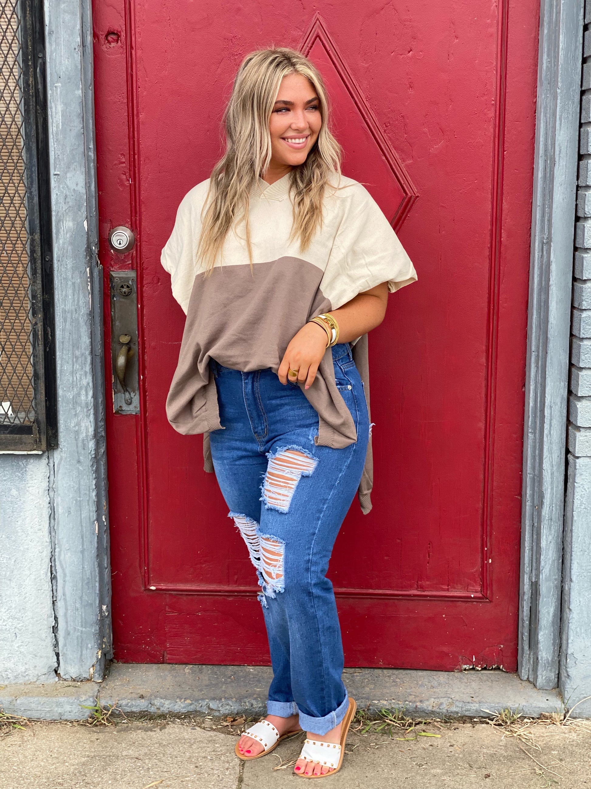 Two toned brown v-neck sweater pancho with open sides