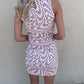 Abby Brown & White Abstract Print Mesh Sleeveless Ruched 70s Retro Womens Summer Mini Dress