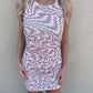 Abby Brown & White Abstract Print Mesh Sleeveless Ruched 70s Retro Womens Summer Mini Dress