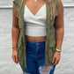 Army green cargo style vest with snap closure and tie waist