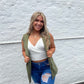 Army green cargo style vest with snap closure and tie waist