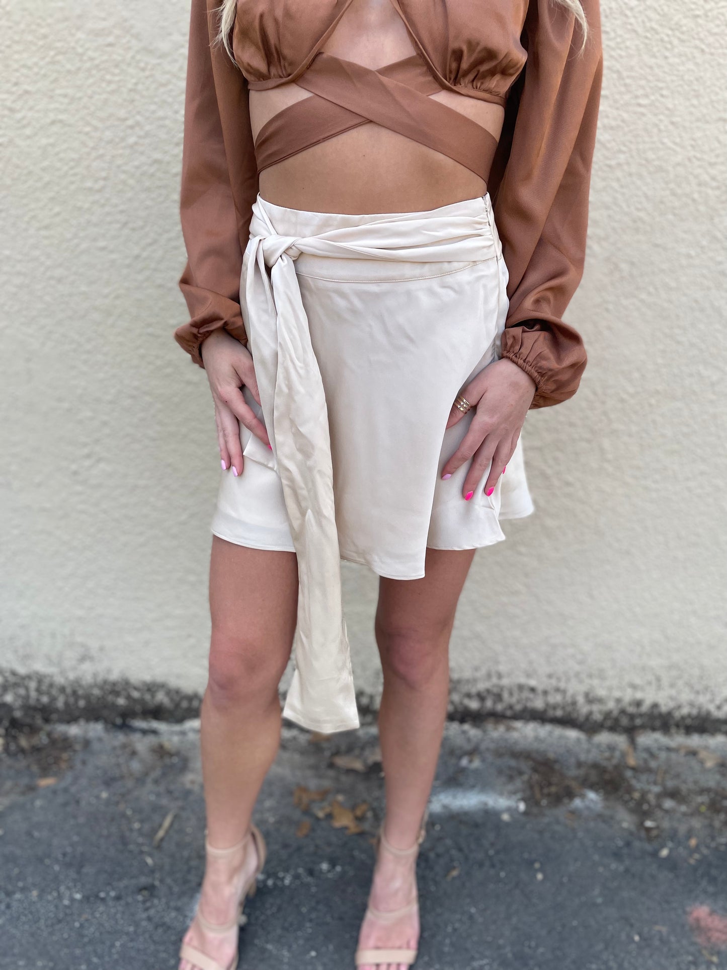 Tina Taupe Belted Flare Mini Skirt