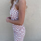 Abby Brown & White Abstract Print Mesh Sleeveless Ruched 70s Retro Womens Summer Mini Dress