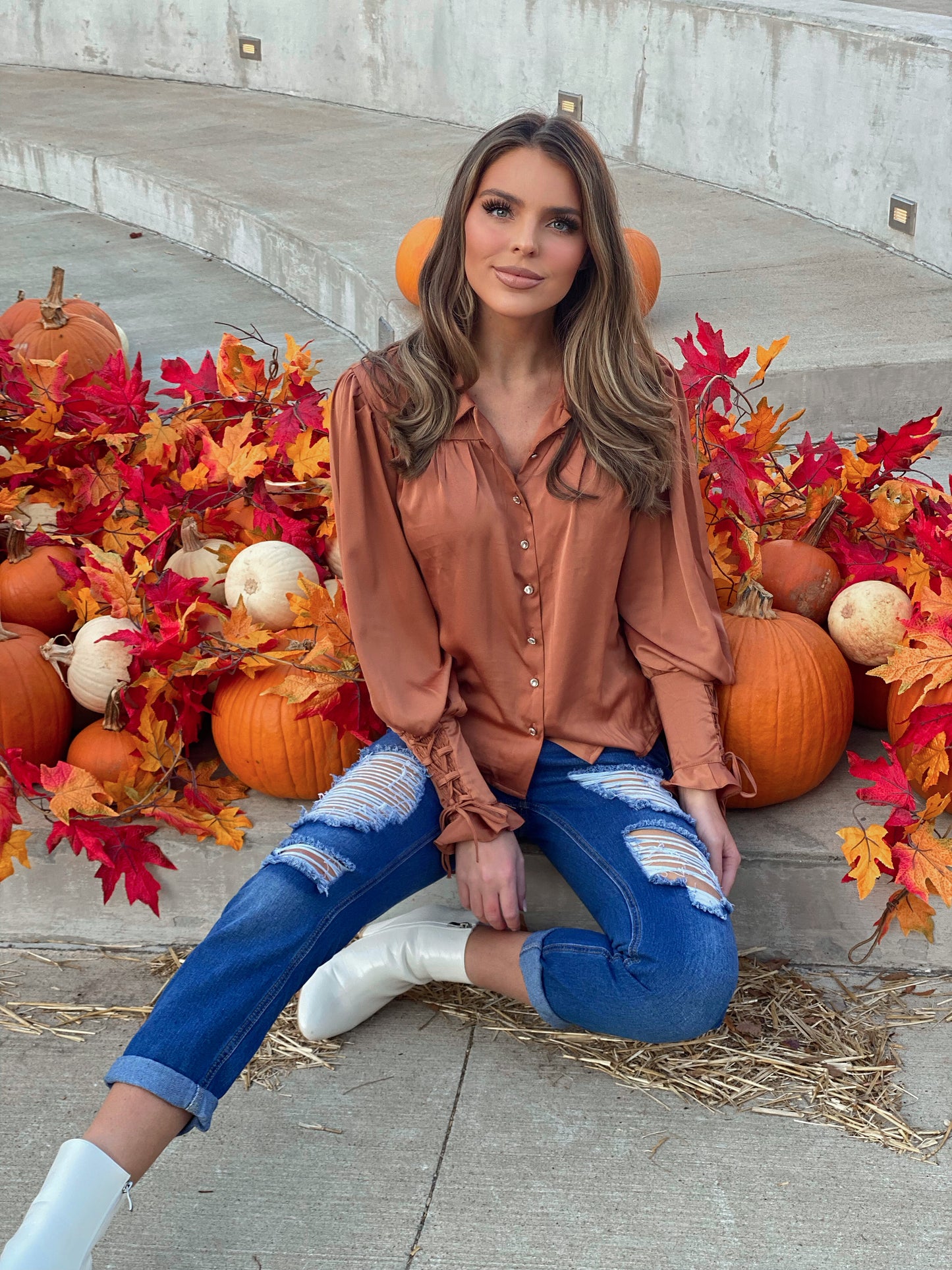 Brenna Burnt Orange Detailed Womens Blouse