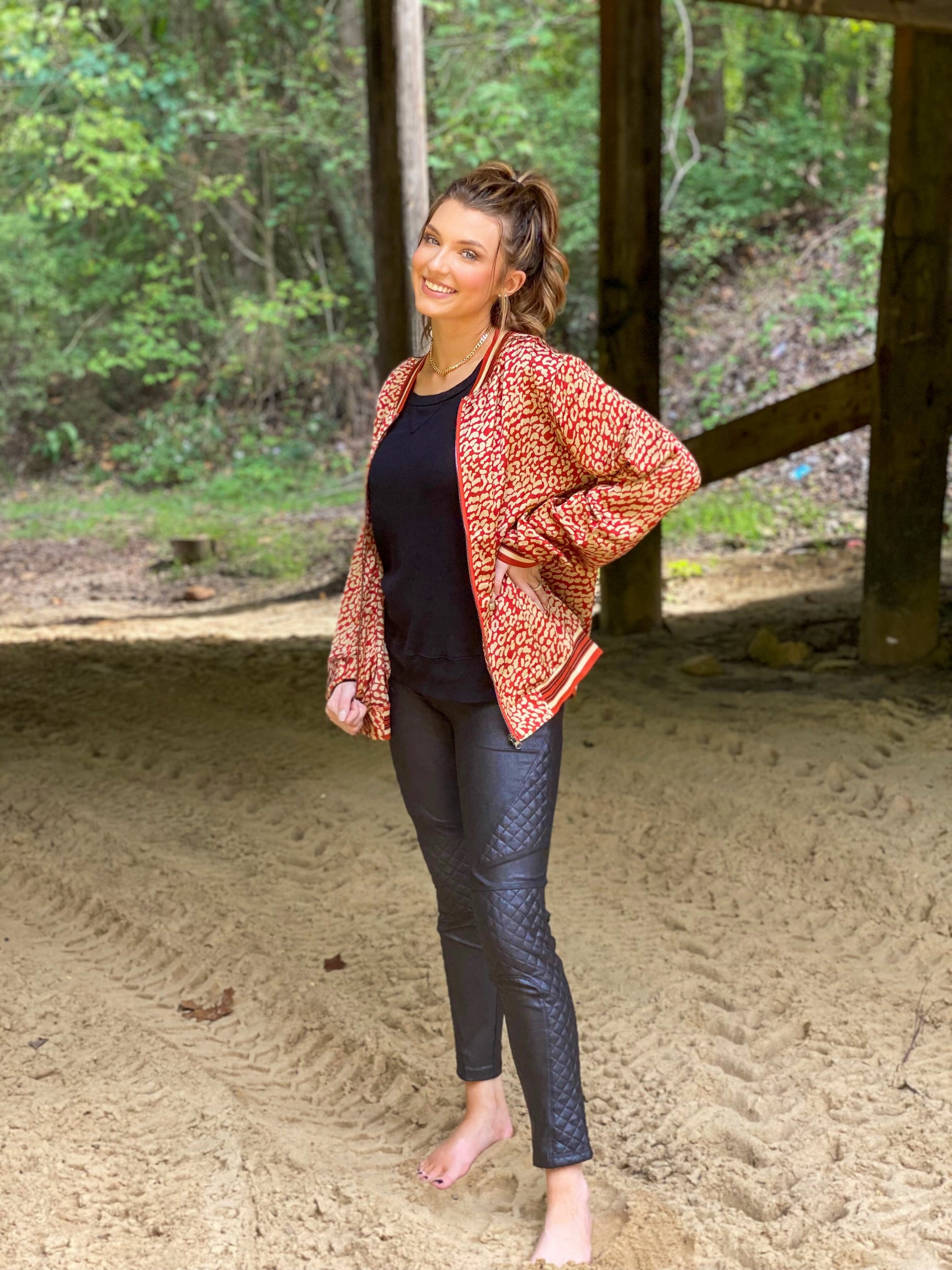 Rust color leopard Bomber style jacket, zip closure